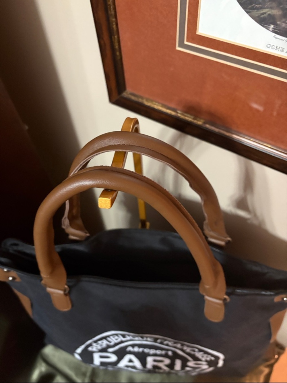 Paris Print Black Canvas Tote Bag with Brown Handles and cross body strap - Picture 3 of 9